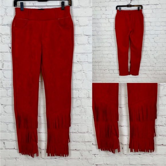 Crazy Train Red Vegan Suede Stretchy Fringed Jeggings - Picture 1 of 1